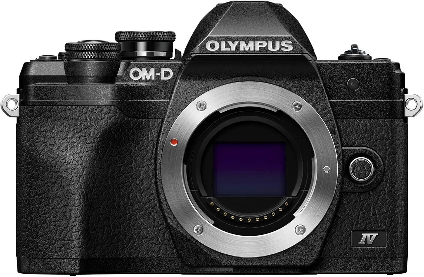 Olympus OM-D mirrorless camera body in black, shown from the front without a lens attached, displaying the silver lens mount and digital sensor. The camera features textured grip material, multiple control dials on top, and prominent Olympus and OM-D branding.