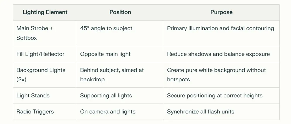 A table detailing a professional photography lighting setup with five rows describing lighting elements, their positions, and purposes. The table includes main strobe, fill light, background lights, stands, and radio triggers specifications.